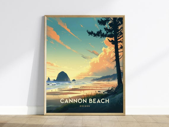 Cannon Beach Oregon Poster: Haystack Rock Coastal Art, Pacific Northwest Print, Oregon Coast Gift, Beach Decor, Vintage, Framed or Unframed