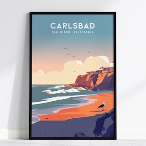 Carlsbad California Framed Poster, North County San Diego Wall Art, SoCal Travel Print, Beach House Modern Coastal Nature Ocean Sea Gift