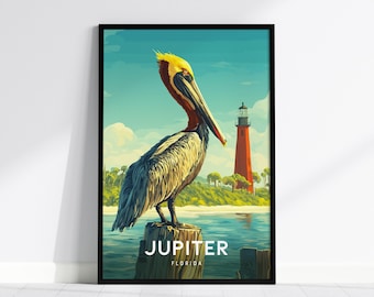 Póster de Júpiter, Florida: Arte mural costero con pelícanos y faros, con o sin marco