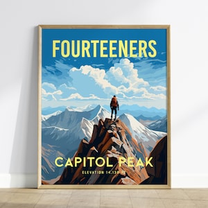 Capitol Peak Fourteener Colorado, Framed Wall Art | Rocky Mountains 14ers | 14er Climber Hiker Adventure Poster Print Gift Idea Home Decor