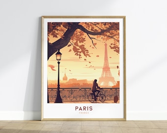 Eiffel Tower Paris Print: France Travel Poster, Cyclist Home Decor