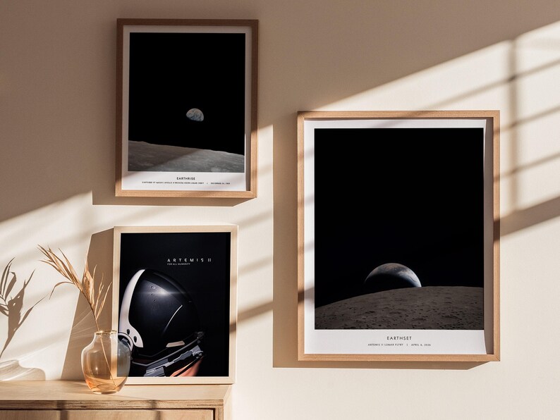 Earthset NASA natural wood frame Artemis II lunar flyby poster Earth Moon space art wall hanging