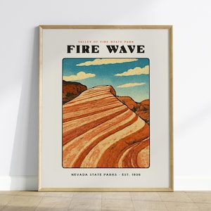 Fire Wave Poster – Valley of Fire State Park Art Print, Nevada Desert Landscape, Red Rock Wall Decor, Retro Hiking Gift, Framed or Unframed