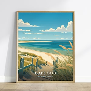Poster de voyage Cape Cod, Massachusetts - belle scène de plage, idéal art mural côtier, disponible avec ou sans cadre, art déco mural côtier