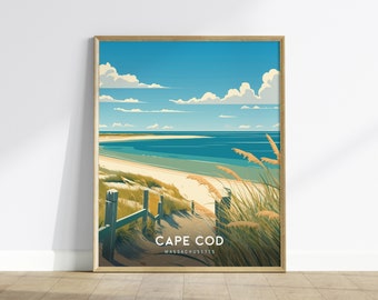 Cape Cod-reisposter, Massachusetts - prachtig strandtafereel, ideale kustmuurkunst, beschikbaar ingelijst of ingelijst, kustmuurkunstdecor
