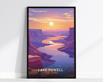 レイクパウエルの夕日ポスター：ユタ州アリゾナ州の渓谷の風景ウォールアートプリント（額入りまたは額なし）