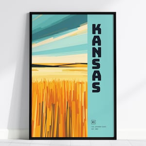 Póster del estado de Kansas, Jayhawk: paisaje abstracto de las Grandes Llanuras. Disponible con o sin marco. Ideal para decoración del hogar. Un gran regalo de Kansas.