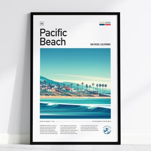Pacific Beach CA Surf Spot Framed Poster, San Diego Wall Art, California Surf Travel Print, Surfer Home Decor Socal Surfing Design Wave Gift