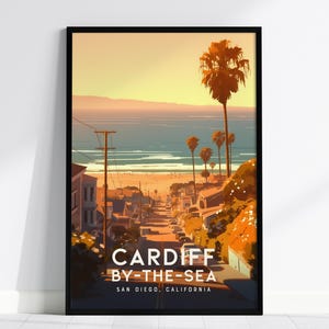 Cardiff By The Sea California gerahmtes Poster, San Diego Wandkunst, SoCal Reisedruck, Strand Cottage Haus Modernes Design Malerisches Ozean Geschenk