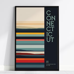 Póster del estado de Connecticut, The Constitution: líneas costeras abstractas de Nueva Inglaterra, disponible con o sin marco, elegante decoración para el hogar