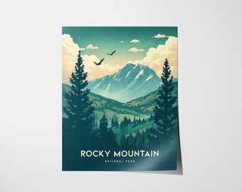 May include: A poster showing a stylized landscape of the Rocky Mountains. The artwork depicts a mountain range under a blue sky with clouds and two birds. The text "ROCKY MOUNTAIN NATIONAL PARK" is at the bottom.