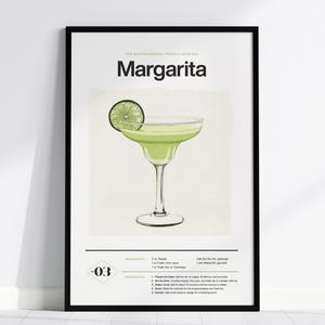 Impresión de cóctel margarita: receta clásica de tequila con diseño minimalista, con o sin marco, para decorar la pared del bar, la cocina o la decoración vintage.
