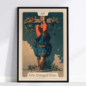 Póster enmarcado de la carta del tarot de los Arcanos Mayores de El Colgado - Rider Waite Artwork Adivinación Art Nouveau Wiccan Dark Academia Design Decor Set de regalo