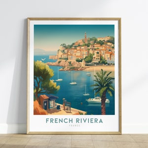 Impresión de arte de pared enmarcada de la Riviera Francesa, impresión de póster de la Costa Azul, arte de pared de la costa de la Costa Azul, arte de navegación y viajes, decoración del hogar