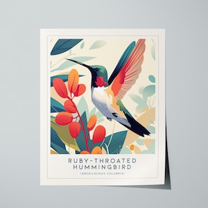 Könnte beinhalten: Ein Druck mit einem stilisierten rubinroten Kolibri mit ausgebreiteten Flügeln, der rote, orange, grüne und blaue Farbtöne zeigt. Der Vogel befindet sich in der Nähe von orangefarbenem und rotem Laub, darunter der Text "RUBY-THROATED HUMMINGBIRD".