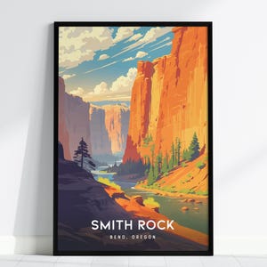 Peut inclure: Une affiche encadrée représentant Smith Rock à Bend, Oregon. L'œuvre d'art montre des formations rocheuses orange imposantes, une rivière et un ciel bleu nuageux. Le texte "SMITH ROCK, BEND, OREGON" est en bas.