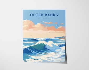 May include: A poster featuring a coastal scene with the text "Outer Banks North Carolina" in a blue font. The artwork depicts ocean waves in shades of blue and white, with a sky of peach and blue hues. Seagulls are flying in the sky.