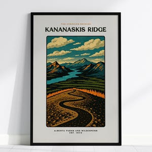 Pôster de Kananaskis Ridge: Impressão de viagem vintage das Montanhas Rochosas canadenses, arte de parede das montanhas de Alberta, emoldurada ou sem moldura