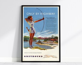 Cartaz de viagem de ônibus Greyhound vintage: anúncio de rodovia americana dos anos 1940
