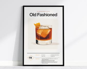 Old Fashioned Cocktail Recipe Print: Minimalist Bar Cart Wall Art
