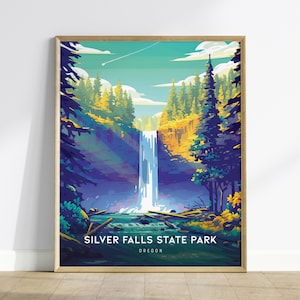 Póster del Parque Estatal Silver Falls, arte mural de cascadas de Oregón, impresión de Silver Falls con o sin marco, arte paisajístico natural, decoración del noroeste del Pacífico