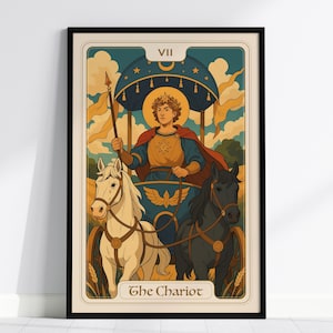 Póster de la Carta del Tarot del Carro: Impresión de Arte Mural de Arcanos Mayores, Estilo Rider Waite Vintage, Decoración Espiritual, Con o sin Marco, Regalo Único