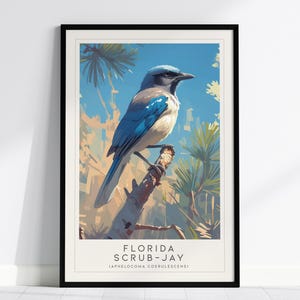 Florida Scrub Jay Modern Framed Wall Art, Cottagecore Minimal Nature Wildlife Poster, Scrub-Jay Audubon Bird Decor Travel Print Birder Gift