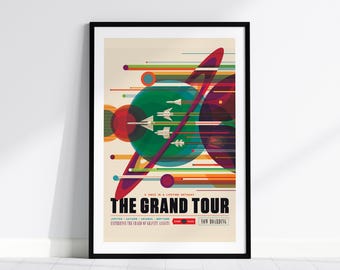 The Grand Tour NASA Poster, JPL Visions of Future, Retro Space Travel Art, Outer Planets Print, Jupiter Saturn Uranus Neptune, NASA Gift