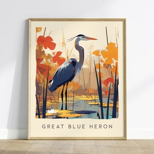 Arte de pared enmarcado con diseño de garza azul grande, aves de Florida, vida silvestre, póster de viaje, decoración para observadores de aves, lago, casa, playa, cabaña