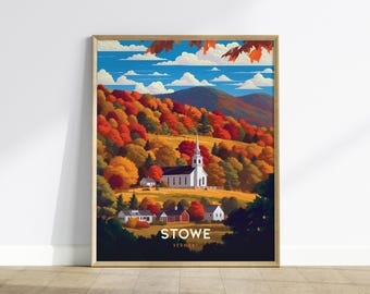 Stowe Vermont Poster | Fall Foliage Church Art New England Autumn VT