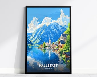 Póster turístico de Hallstatt, Austria: Impresión artística de un pueblo con lago alpino