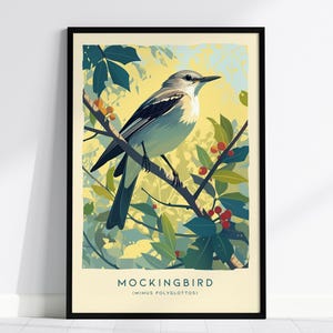 Mockingbird Song Bird Modern Framed Wall Art, Cottagecore Minimal Nature Wildlife Poster, Audubon Scientific Decor Travel Print Birder Gift
