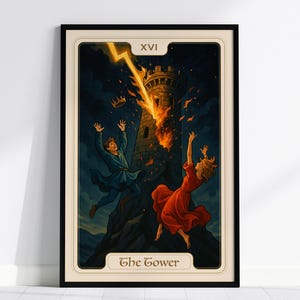 Póster de la carta del Tarot de La Torre: Arte mural vintage de Arcanos Mayores, decoración gótica para místicos y amantes del tarot, con o sin marco, estilo Art Nouveau.