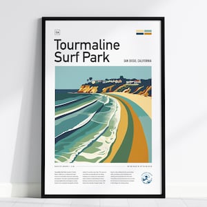 Tourmaline Surf Park Framed Poster, Pacific Beach California Surfer Wall Art, CA Travel Print Beach House Modern Design Surfing Wave Gift