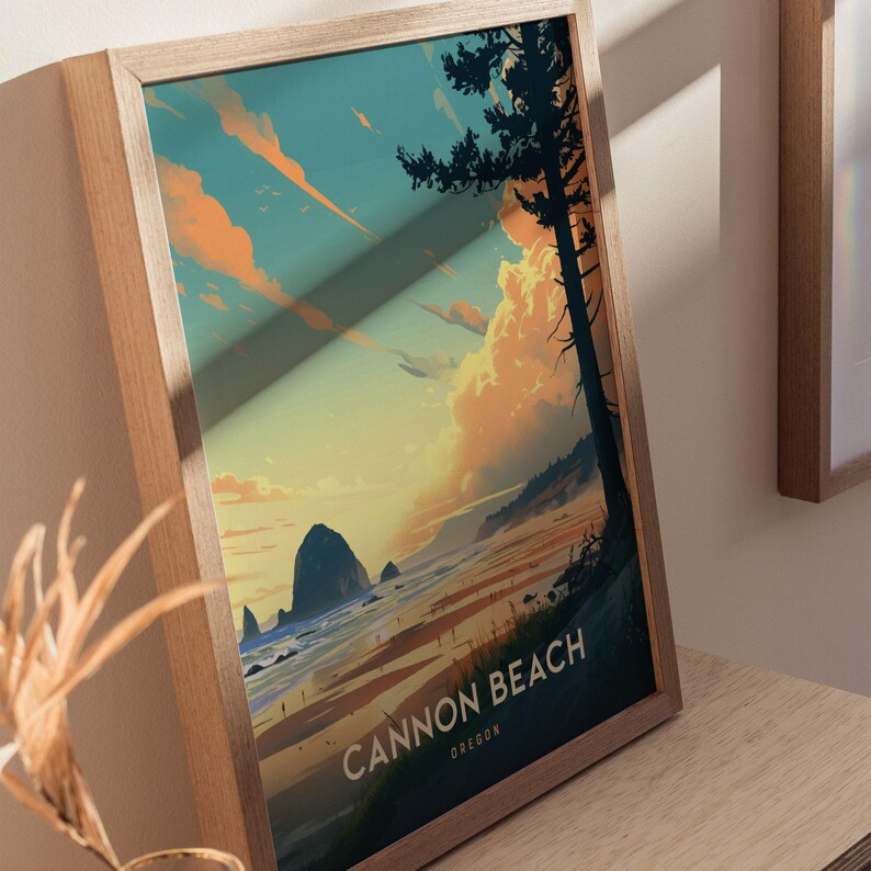 Cannon Beach Oregon Poster: Haystack Rock Coastal Art, Pacific Northwest Print, Oregon Coast Gift, Beach Decor, Vintage, Framed or Unframed image 9
