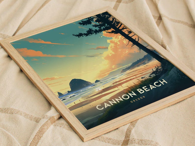 Cannon Beach Oregon Poster: Haystack Rock Coastal Art, Pacific Northwest Print, Oregon Coast Gift, Beach Decor, Vintage, Framed or Unframed image 8
