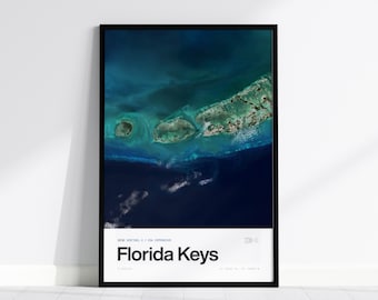 Florida Keys Satellite Poster, Keys From Space, Real Sentinel-2 Aerial Photography, Turquoise Ocean Print, Coastal Wall Art, Florida Gift