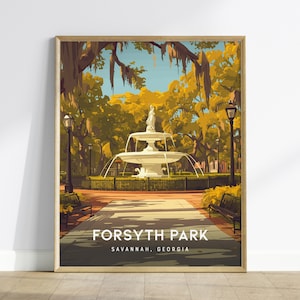 Forsyth Park, Savannah, Georgia - Südlandschaftlich Wand Kunst Poster Historischer Brunnen Reise Druck Natur Südosten Wohnkultur Geschenk Set