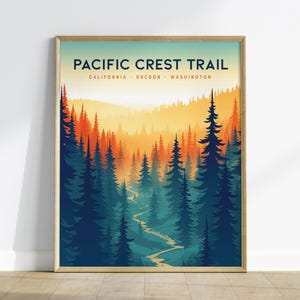 Pacific Crest Trail Poster: PCT Thru Hike Art, Mexico to Canada Trail Print, Hiking Gift, Mountain Decor, California Oregon, Framed Unframed
