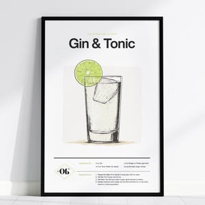 Impresión de cóctel de gin-tonic: póster de receta clásica y refrescante, arte minimalista para bar, con o sin marco, decoración perfecta para el hogar, bar y cocina.