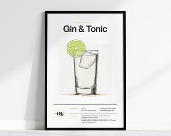 Gin and Tonic Recipe Print: Minimalist Bar Art