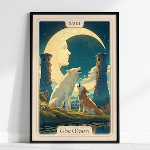 The Moon Major Arcana Tarot Karte gerahmtes Poster - Wolf Rider Taile Artwork Wahrsagen Jugendstil Fortune Dark Academia Design Dekor Geschenk Set