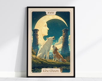 Pôster emoldurado com carta de tarô da lua: Wolf Rider Waite, decoração Art Nouveau