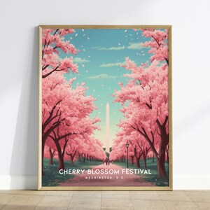全米桜祭り、ワシントンDCの額入り旅行ポスター、桜祭りのトレンディな壁アート、ワシントン記念塔の壁飾り