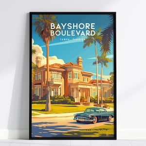 Bayshore Boulevard, Tampa, Florida ingelijste muurkunst, Hillsborough Bay Mansion onroerend goed posterontwerp reizen print strand Home decor set