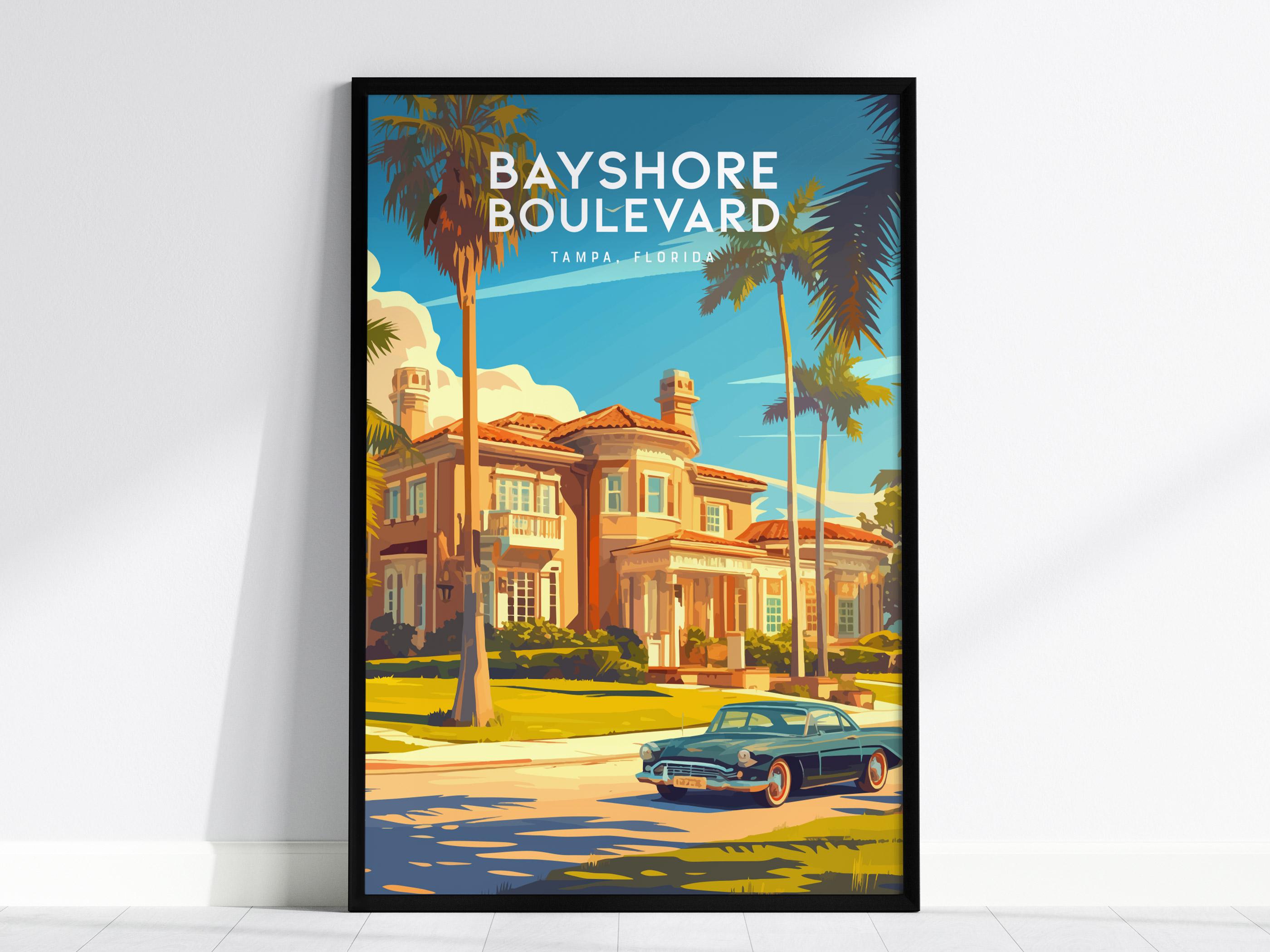 Bayshore Boulevard, Tampa, Floryda Oprawione ścienne dzieło sztuki, Hillsborough Bay Mansion Real Estate Poster Design Travel Print Beach Home Decor Set