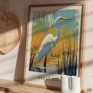 Biała czapla, Floryda Ptaki Dzikie Zwierzęta Oprawione Ścienne Sztuka: Plakat z Ptakami Przyrodniczymi Projekt Podróży Wydruk Jezioro Dom Plaża Domek Ptaki Dekoracje Zestaw zdjęcie 7
