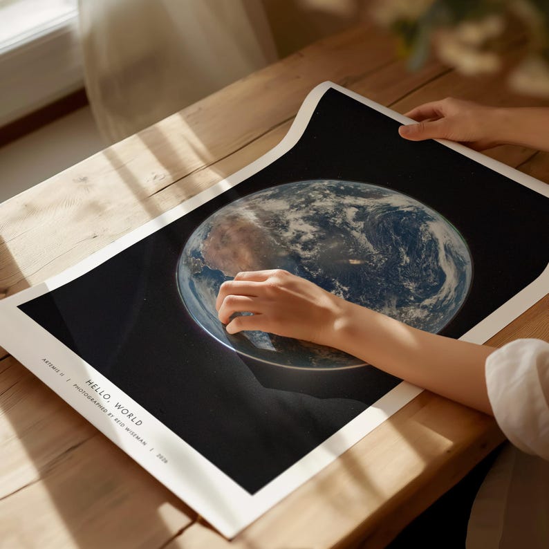 Hello World NASA Artemis II Earth poster Blue Marble Reid Wiseman space photography artwork