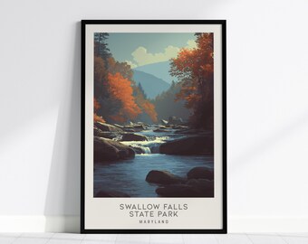 Swallow Falls State Park Maryland Matte Border Poster, Travel Wall Art Print