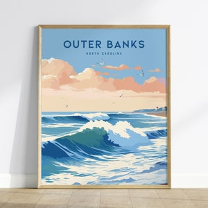 Arte mural enmarcado de surf de Outer Banks / Diseño de póster de playa de Carolina del Norte / Impresión sin marco de surf de Cape Hatteras / Decoración náutica para el hogar de Nags Head